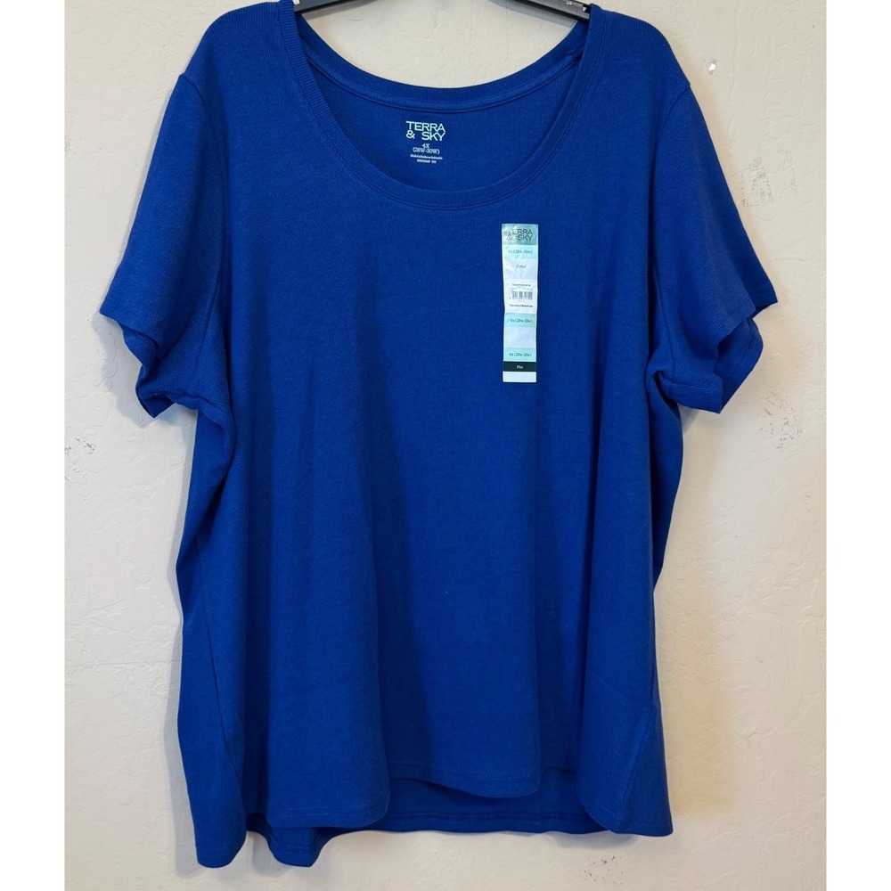 Terra & Sky Shirt Women 4X Blue Scoop Neck Ribbed Short Sleeve Basic Tee NEW